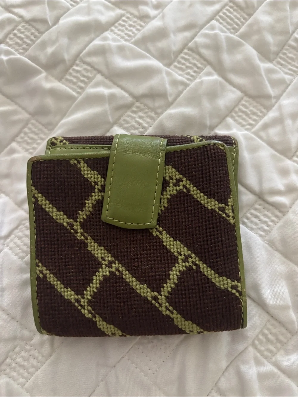 Brown and Green Textured Needlepoint Bifold Wallet
